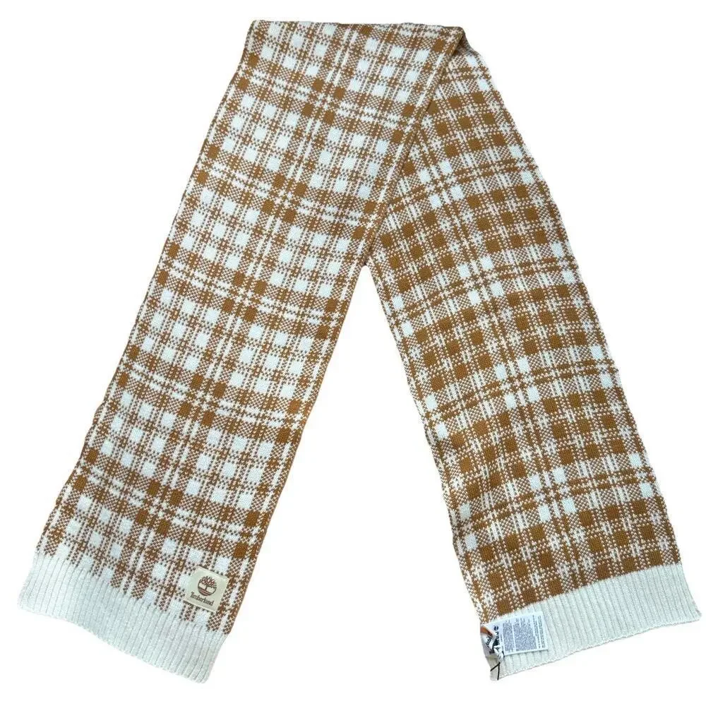 NWT Timberland Buffalo Plaid Rectangle Scarf Tan & White Streetwear Fall Outdoor
